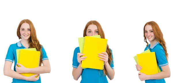 Estudante feminina com notas isoladas em branco — Fotografia de Stock