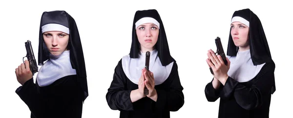 Nun with handgun isolated on white — Stock Photo, Image