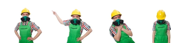 Trabajadora vestida con bata y máscara de gas aislada en blanco —  Fotos de Stock