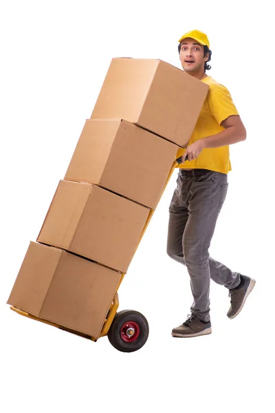 Mladý muž courier s box — Stock fotografie