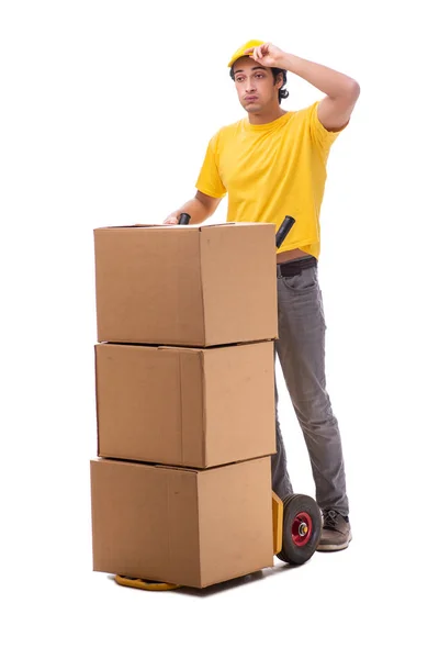 Jovem mensageiro masculino com caixa — Fotografia de Stock