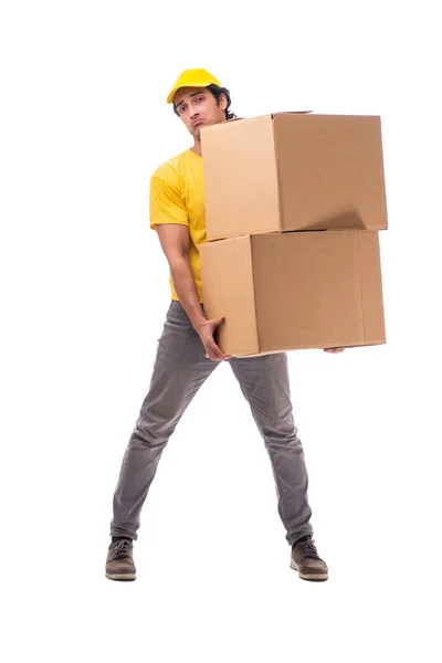 Joven mensajero masculino con caja — Foto de Stock