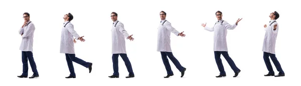 白い背中に隔離された歩行立っている若い医師 — ストック写真