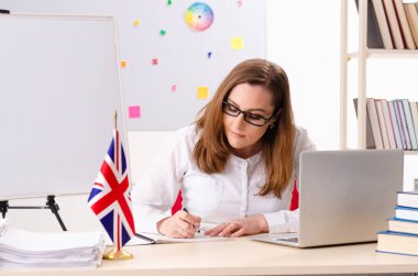 Kadın İngilizce öğretmeni önünde beyaz tahta 