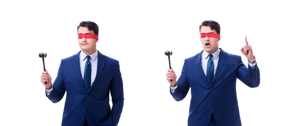 Advocaat met blinddoek houdt een hamer geïsoleerd op wit — Stockfoto