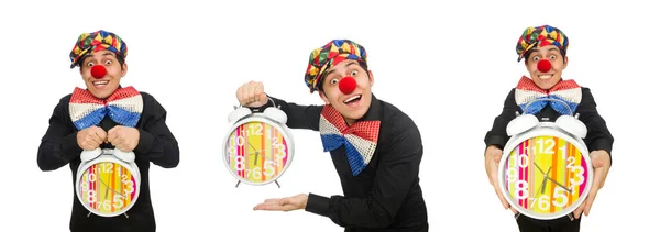 Смішний клоун з годинником ізольовано на білому — стокове фото