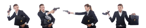 Женщина-бизнесмен с пистолетом на белом — стоковое фото