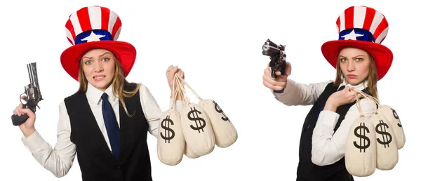 Collage mit Frau und amerikanischem Hut — Stockfoto