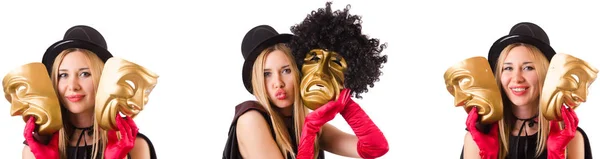 Vrouw met twee maskers geïsoleerd op wit — Stockfoto