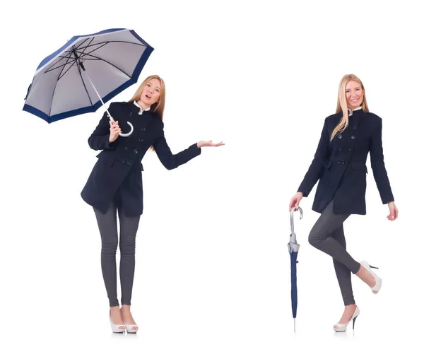 Schöne Frau im schwarzen Mantel mit Regenschirm — Stockfoto