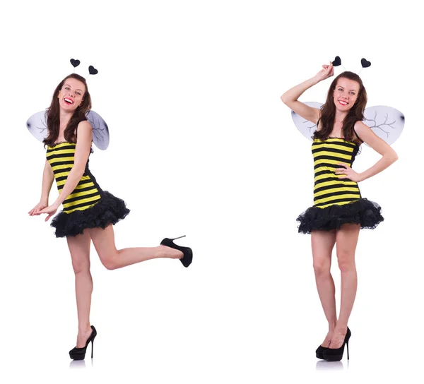 Young woman in bee costume isolated on white — Stock Photo, Image