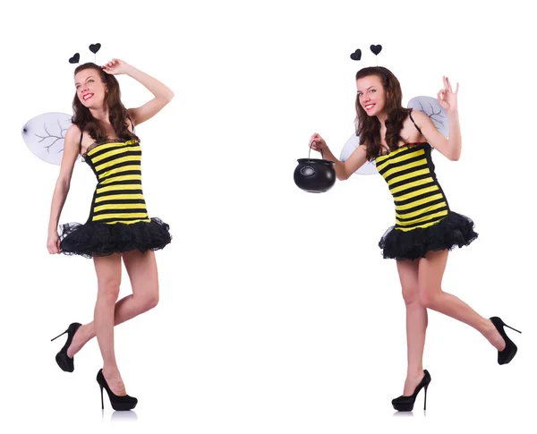 Junge Frau im Bienenkostüm isoliert auf weiß — Stockfoto