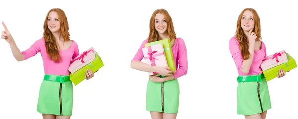 Schöne Frau in grünem Rock mit Geschenkbox — Stockfoto