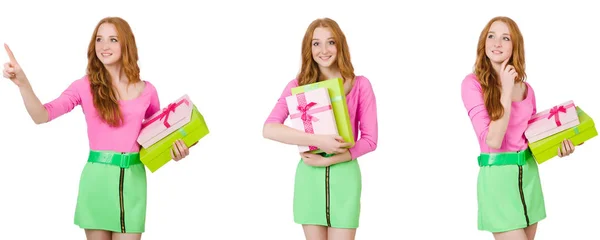 Bella donna in gonna verde con scatola regalo — Foto Stock