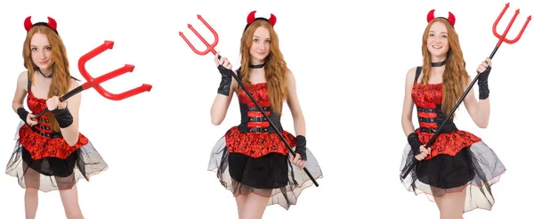 Woman devil with trident on white — Stock Photo, Image
