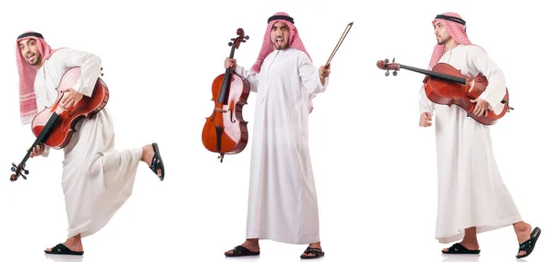 Arabiska mannen spelar cello isolerad på vit — Stockfoto