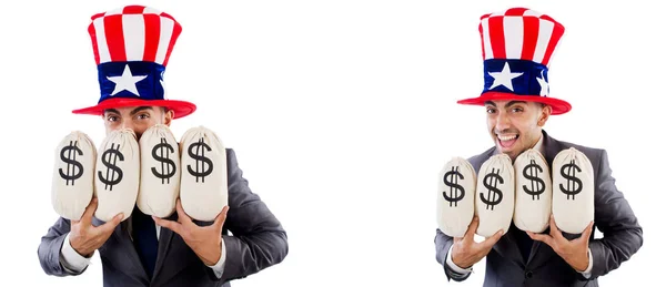 Чоловік з американським капелюхом з монетами — стокове фото