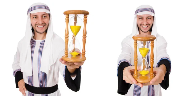 Arabisk man med timglas isolerad på vit — Stockfoto