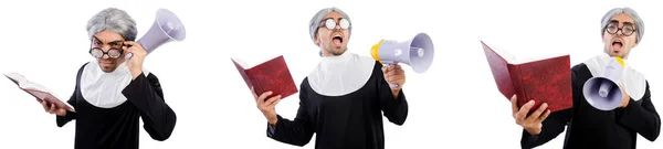 Lustige männliche Nonne mit Megafon isoliert auf weiß — Stockfoto