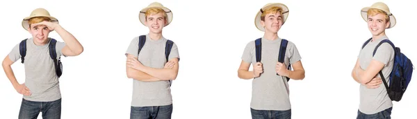 Young boy in cork helmet with backpack — Stock Photo, Image