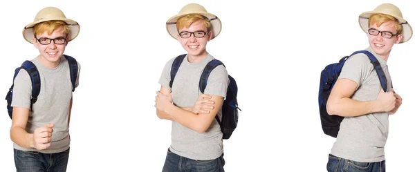 Niño en casco de corcho con mochila —  Fotos de Stock