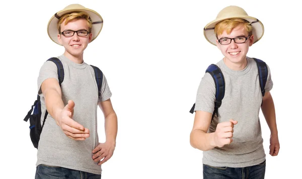 Niño en casco de corcho con mochila —  Fotos de Stock