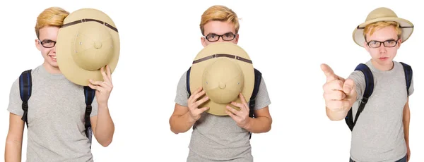 Niño en casco de corcho con mochila — Foto de Stock