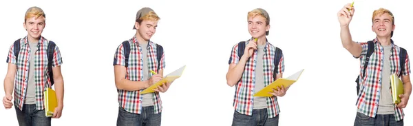 Estudante com mochila e notas isoladas em branco — Fotografia de Stock