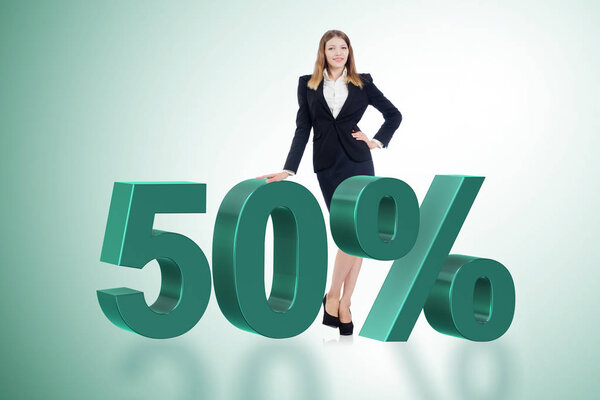 Woman in 50 percent sale concept