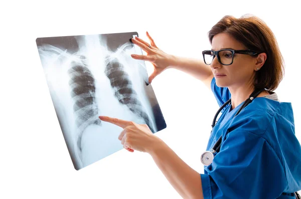 Beyaz izole kadın doktor radyolog — Stok fotoğraf