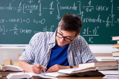 Genç erkek öğrenci okulda matematik