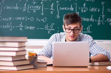 Genç erkek öğrenci okulda matematik