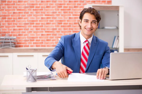 Jovem e bonito empregado que trabalha no escritório — Fotografia de Stock