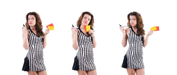 Woman referee with card on white — Stock Photo, Image