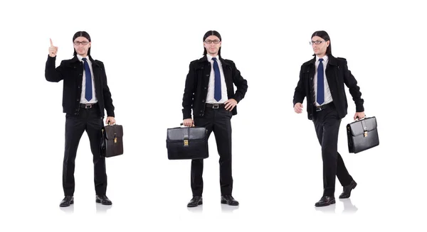 Joven empresario sosteniendo maletín aislado en blanco — Foto de Stock
