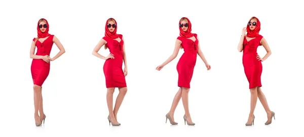 Blondie in abito rosso isolato su bianco — Foto Stock