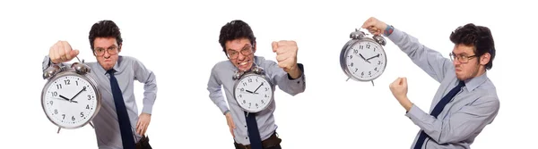 Jeune homme d'affaires avec horloge isolé sur blanc — Photo