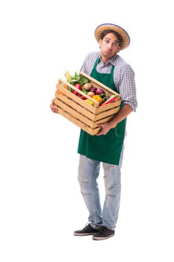 Beyaz arka planda taze ürünleri olan genç çiftçi.