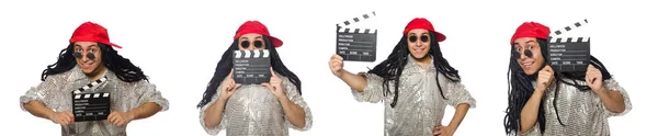 Homme drôle avec clap-board isolé sur blanc — Photo