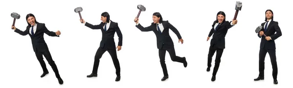 Handsome businessman holding hammer isolated on white — Stock Photo, Image