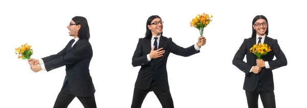 Beau businessman avec fleur isolé sur blanc — Photo