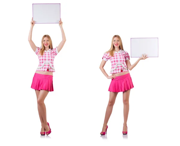 Blonde girl in pink with poster isolated on white — Stock Photo, Image