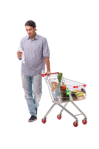 Young man with supermarket cart trolley on white