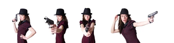 Nő gengszter kézifegyverrel fehér — Stock Fotó