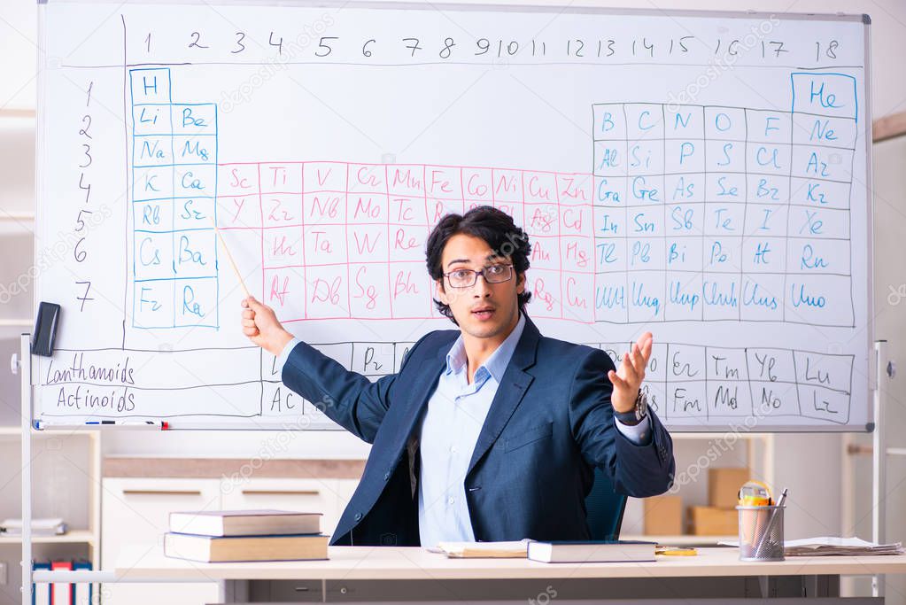 Young male chemistry teacher in front of periodic table 