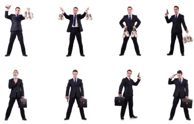 İşadamı para çuvallar, evrak çantası'nı ve tabanca