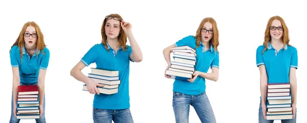 Estudante feminina com muitos livros isolados em branco — Fotografia de Stock