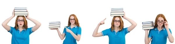 Vrouwelijke student met veel boeken op wit wordt geïsoleerd — Stockfoto