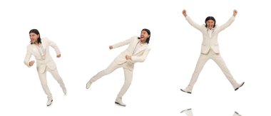 Beyazda izole edilmiş komik bir adam.