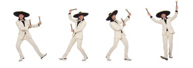 Beyaz izole marakas tutan takım elbiseyle komik Meksika